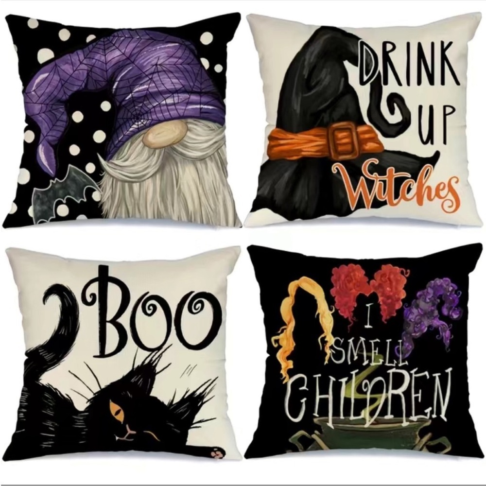 Set Of 4 Halloween Linen Blend Throw Pillow Case, Square Cushion Case, Decorativ